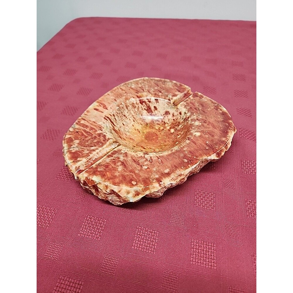 VTG Hand Carved Alabaster Ashtray Coral Red Organic Edge 1960s Italy XL 8.5 Inch